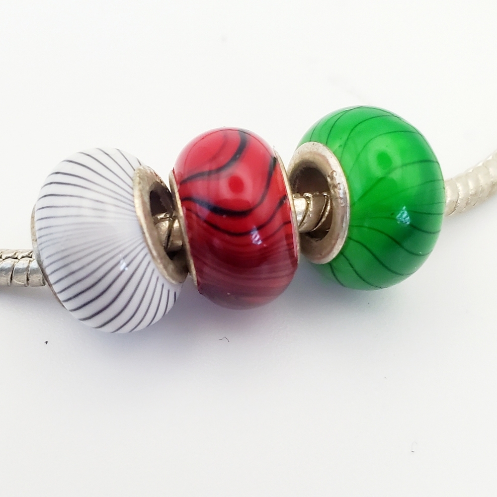 3pcs Glass Bead Charms 925 Silver Red White Green Swirls Tiger Stripes Marbled